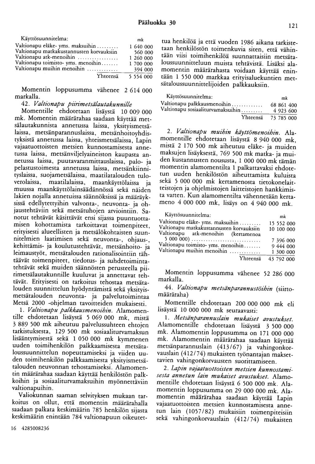 Pääluokka 30 121 Käyttösuunnitelma: mk Valtionapu eläke- yms. maksuihin... 1 640 000 Valtionapu matkakustannusten korvauksiin 560 000 Valtionapu atk-menoihin................. 1 260 000 Valtionapu toimisto- yms.