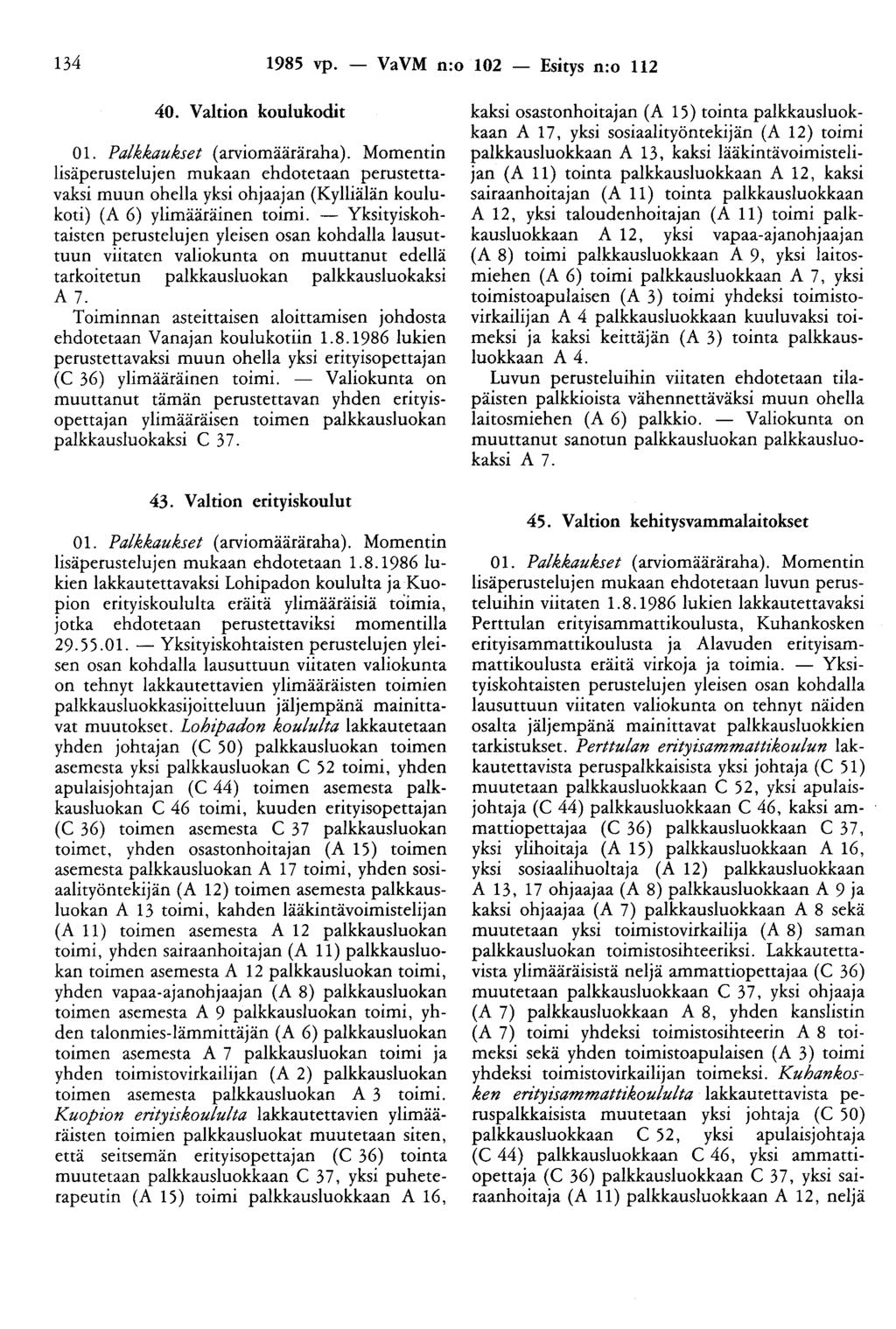 134 1985 vp. - VaVM n:o 102 - Esitys n:o 112 40. Valtion koulukodit 01. Palkkaukset (arviomääräraha).