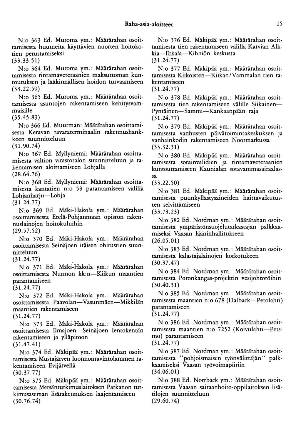 Raha-asia-aloitteet 15 N:o 363 Ed. Muroma ym.: Määrärahan osoittamisesta huumeita käyttävien nuorten hoitokotien perustamiseksi (33.33. 51) N:o 364 Ed. Muroma ym.: Määrärahan osoittamisesta rintamaveteraanien maksuuoman kuntootuksen ja lääkinnällisen hoidon turvaamiseen (33.