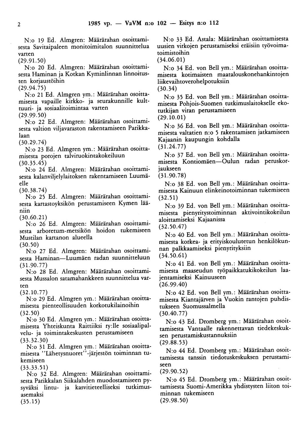 2 1985 vp. - VaVM n:o 102 - Esitys n:o 112 N:o 19 Ed. Almgren: Määrärahan osoittamisesta Savitaipaleen monitoimitalon suunnittelua varten (29.91.50) N:o 20 Ed.