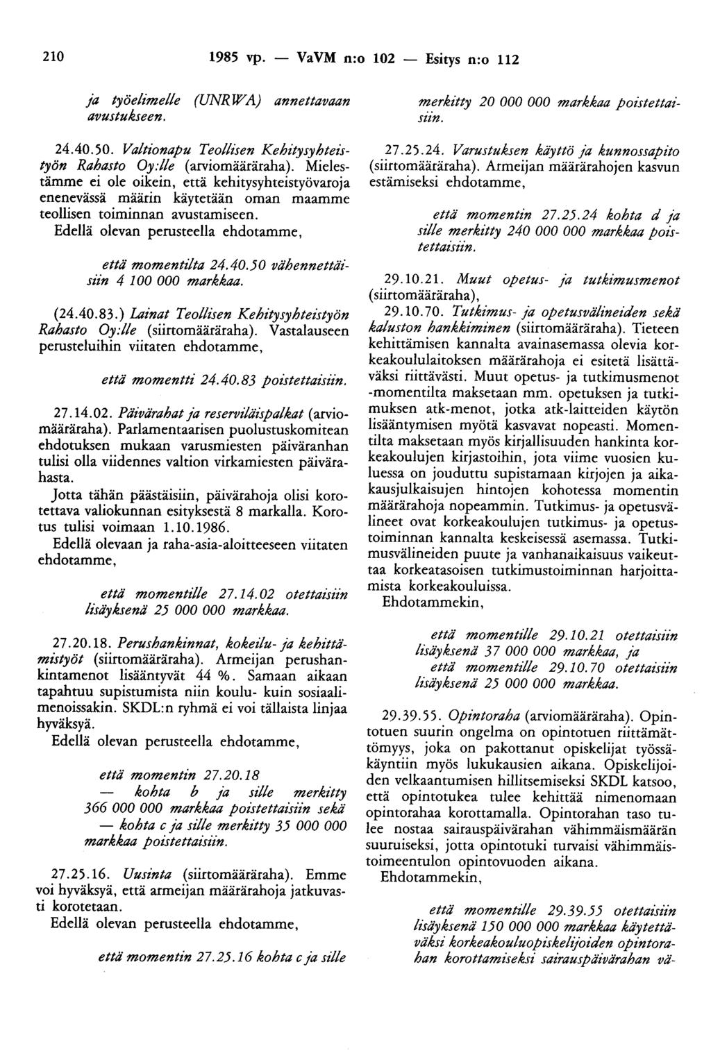 210 1985 vp. - VaVM n:o 102 - Esitys n:o 112 ja työelimelle (UNRWA) annettavaan avustukseen. 24.40. 50. Valtionapu Teollisen Kehitysyhteistyön Rahasto Oy:lle (arviomääräraha).
