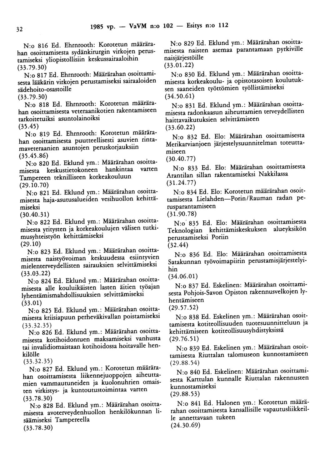 32 1985 vp. - VaVM n:o 102 - Esitys n:o 112 N:o 816 Ed. Ehrnrooth: Korotetun määrärahan osoittamisesta sydänkirurgin virkojen perustamiseksi yliopistollisiin keskussairaaloihin (33.79.30) N:o 817 Ed.