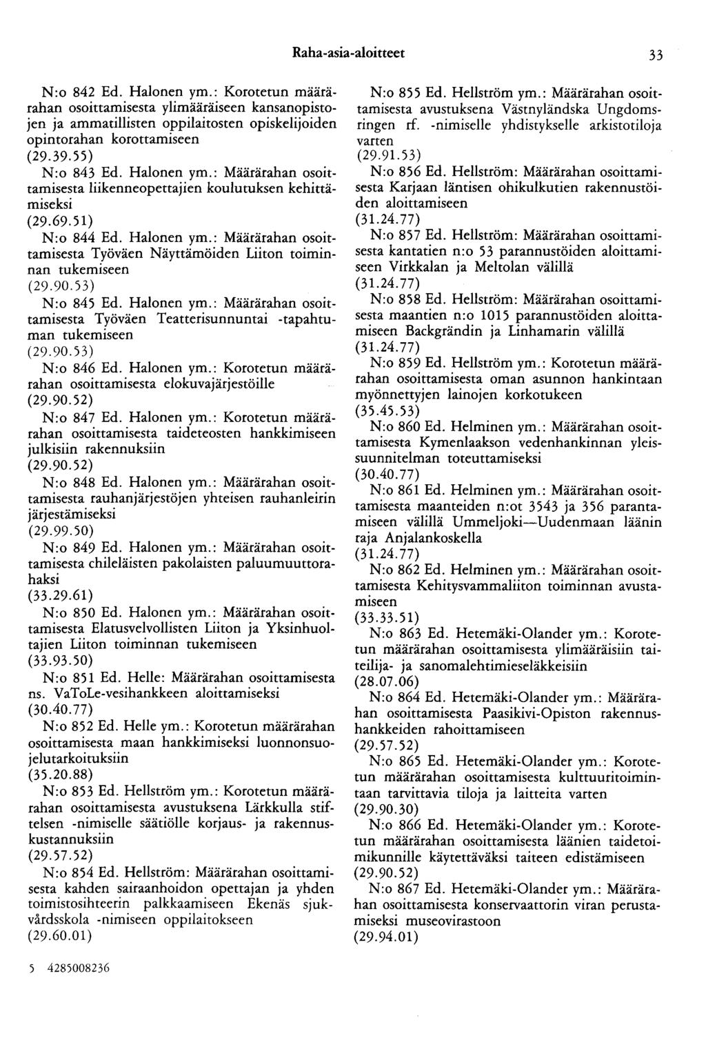 Raha-asia-aloitteet 33 N:o 842 Ed. Halonen ym.: Korotetun määrärahan osoittamisesta ylimääräiseen kansanopistojen ja ammatillisten oppilaitosten opiskelijoiden opintorahan korottamiseen (29.39.