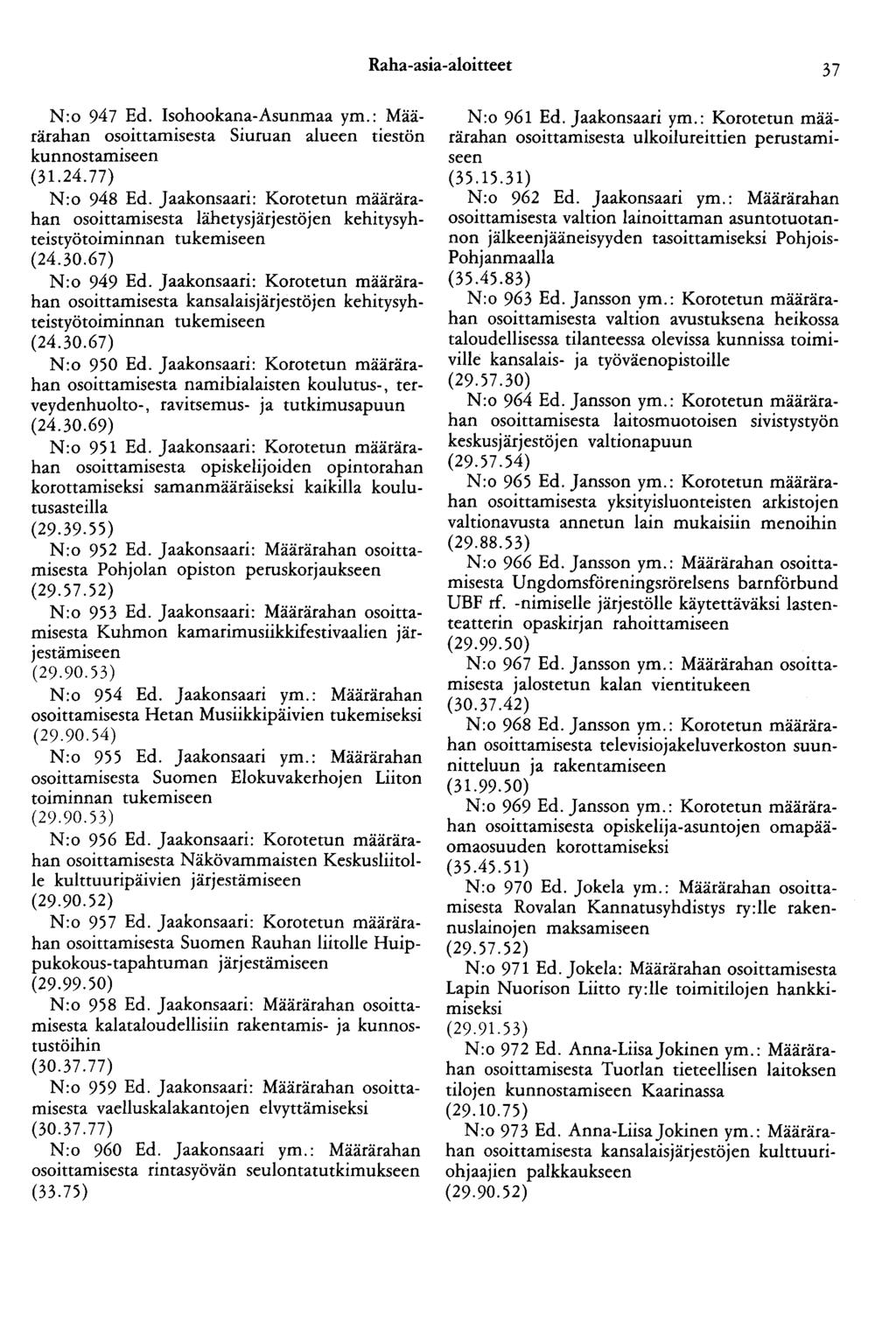 Raha-asia-aloitteet 37 N:o 947 Ed. Isohookana-Asunmaa ym.: Määrärahan osoittamisesta Siuruan alueen tiestön kunnostamiseen N:o 948 Ed.
