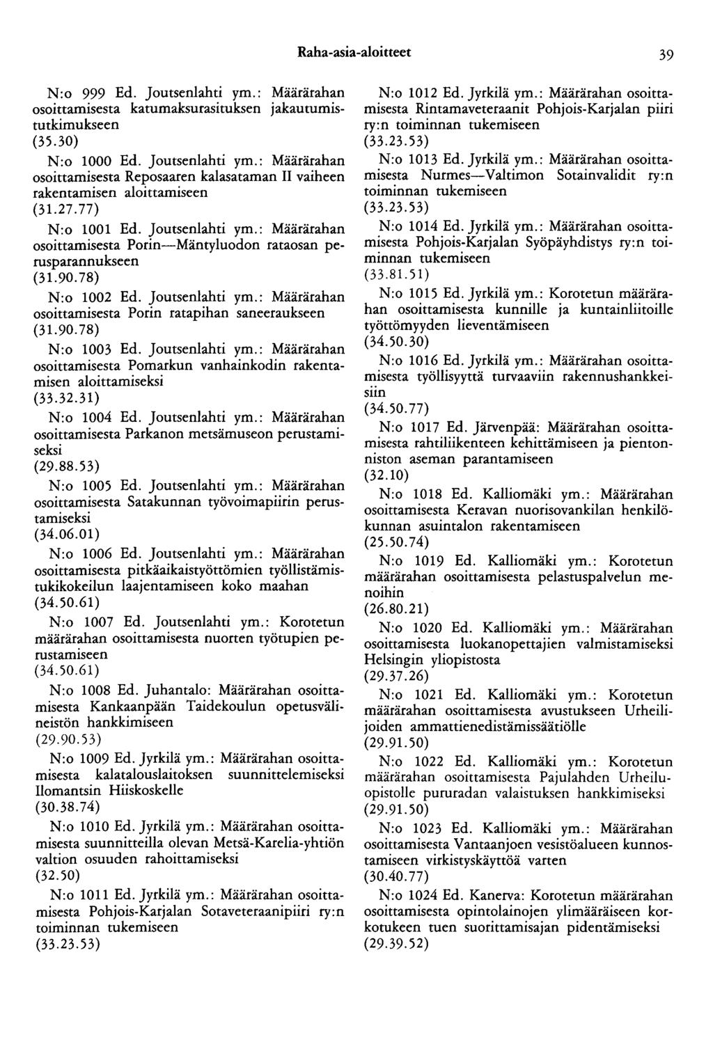 Raha-asia-aloitteet 39 N:o 999 Ed. Joutsenlahti ym.: Määrärahan osoittamisesta katumaksurasituksen jakautumistutkimukseen (35.30) N:o 1000 Ed. Joutsenlahti ym.: Määrärahan osoittamisesta Reposaaren kalasataman II vaiheen rakentamisen aloittamiseen (31.