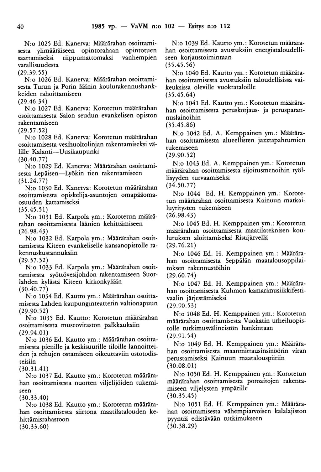 40 1985 vp. - VaVM n:o 102 - Esitys n:o 112 N:o 1025 Ed. Kanerva: Määrärahan osoittamisesta ylimääräiseen opintorahaan opintotuen saattamiseksi riippumattomaksi vanhempien varallisuudesta (29.39.