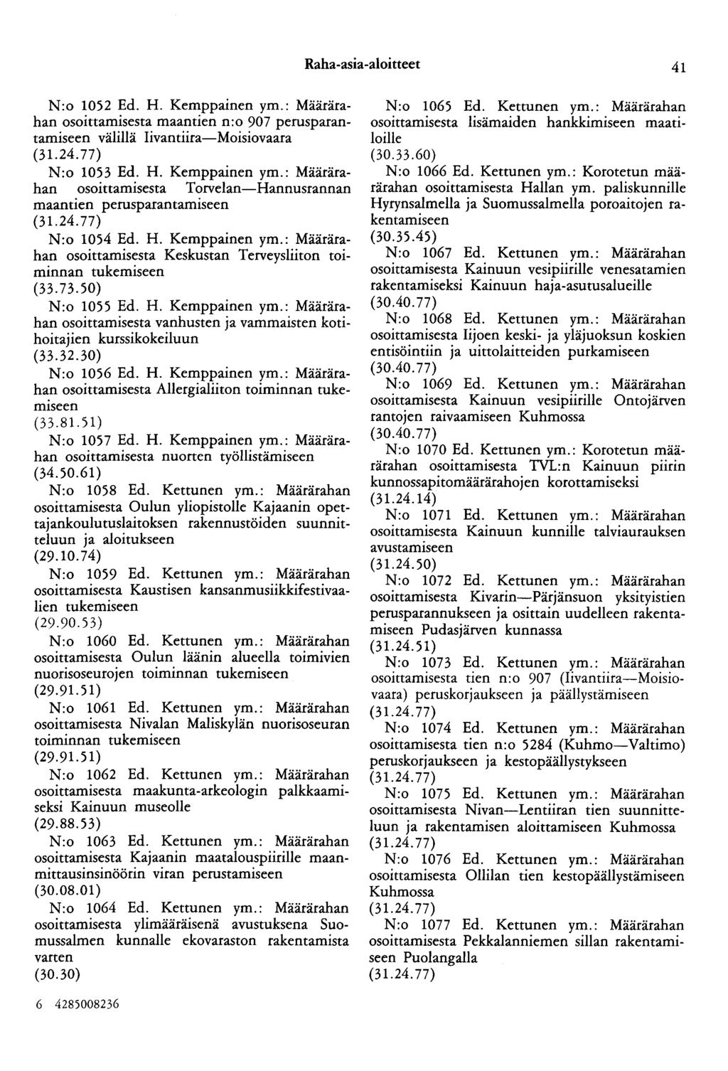 Raha-asia-aloitteet 41 N:o 1052 Ed. H. Kemppainen ym.: Määrärahan osoittamisesta maantien n:o 907 perusparantamiseen välillä Iivantiira-Moisiovaara N:o 1053 Ed. H. Kemppainen ym.: Määrärahan osoittamisesta Torvelan-Hannusrannan maantien perusparantamiseen N :o 1054 Ed.