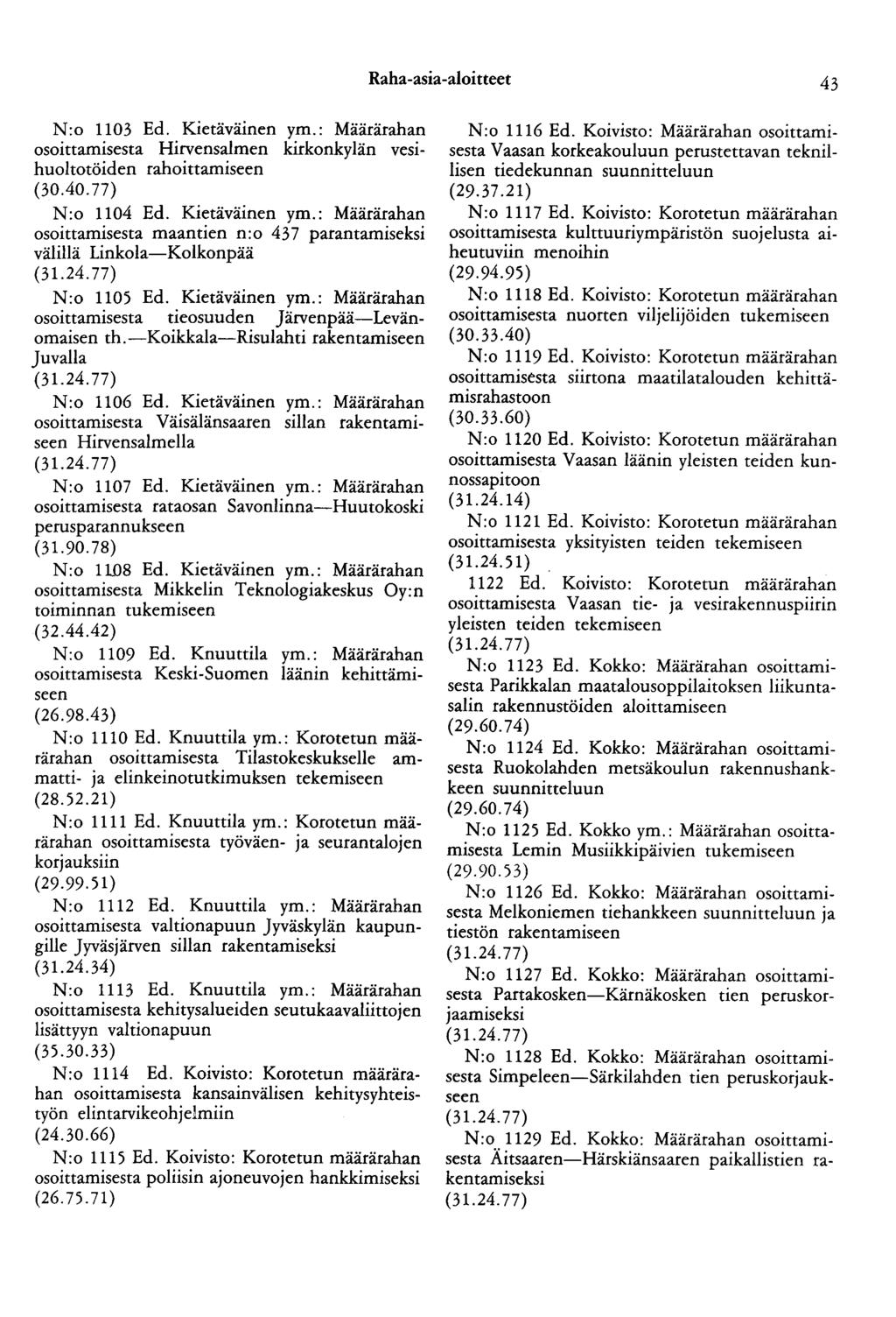 Raha-asia-aloitteet 43 N:o 1103 Ed. Kietäväinen ym.: Määrärahan osoittamisesta Hirvensalmen kirkonkylän vesihuoltotöiden rahoittamiseen (30.40. 77) N:o 1104 Ed. Kietäväinen ym.: Määrärahan osoittamisesta maantien n:o 437 parantamiseksi välillä Linkola-Kolkonpää N:o 1105 Ed.