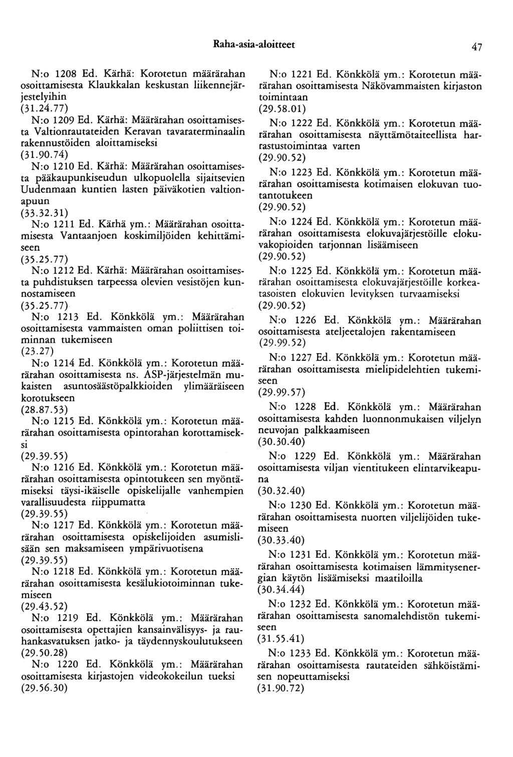 Raha-asia-aloitteet 47 N:o 1208 Ed. Kärhä: Korotetun määrärahan osoittamisesta Klaukkalan keskustan liikennejärjestelyihin N:o 1209 Ed.