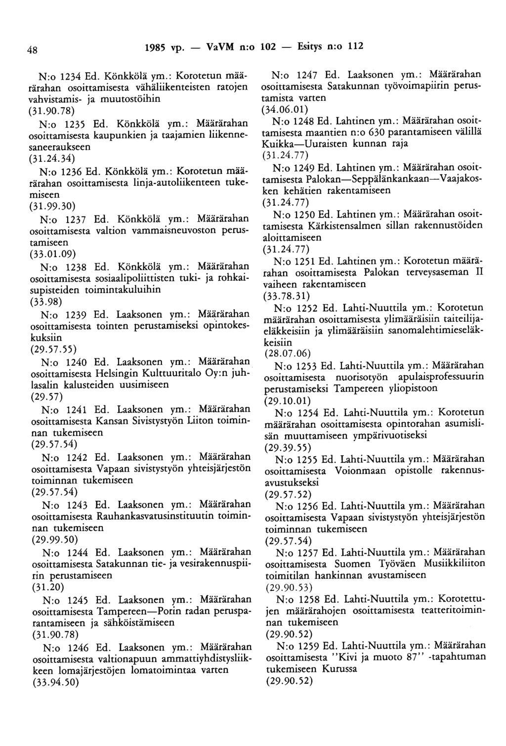 48 1985 vp. - VaVM n:o 102 - Esitys n:o 112 N:o 1234 Ed. Könkkölä ym.: Korotetun määrärahan osoittamisesta vähäliikenteisten ratojen vahvistamis- ja muutostöihin (31.90.78) N:o 1235 Ed. Könkkölä ym.: Määrärahan osoittamisesta kaupunkien ja taajamien liikennesaneeraukseen (31.
