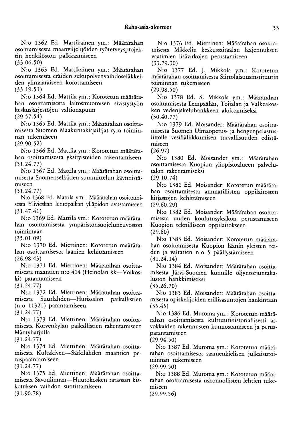 Raha -asia -aloitteet 53 N:o 1362 Ed. Martikainen ym.: Määrärahan osoittamisesta maanviljelijöiden työterveysprojektin henkilöstön palkkaamiseen (33.06. 50) N:o 1363 Ed. Martikainen ym.: Määrärahan osoittamisesta eräiden sukupolvenvaihdoseläkkeiden ylimääräiseen korottamiseen (33.