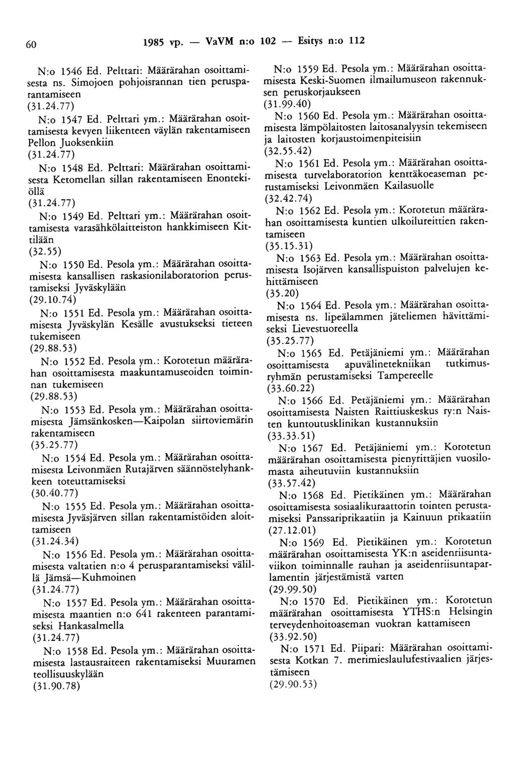60 1985 vp. - VaVM n:o 102 - Esitys n:o 112 N:o 1546 Ed. Pelttari: Määrärahan osoittamisesta ns. Simojoen pohjoisrannan tien perusparantamiseen N:o 1547 Ed. Pelttari ym.