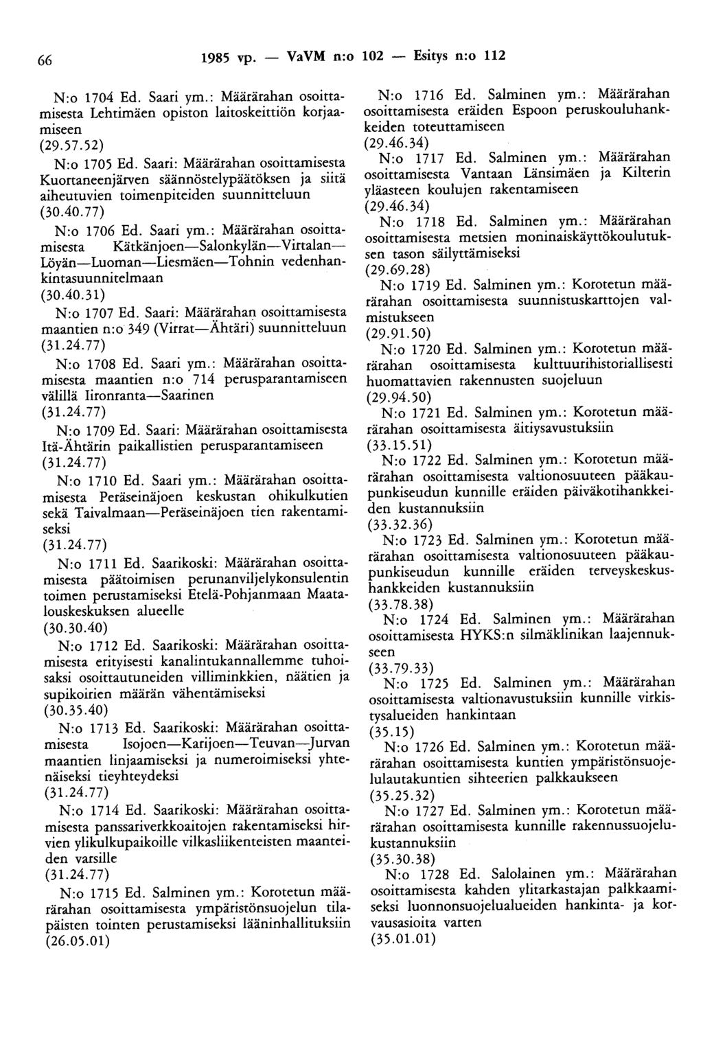 66 1985 vp. - VaVM n:o 102 - Esitys n:o 112 N:o 1704 Ed. Saari ym.: Määrärahan osoittamisesta Lehtimäen opiston laitoskeittiön korjaamiseen (29.57.52) N:o 1705 Ed.