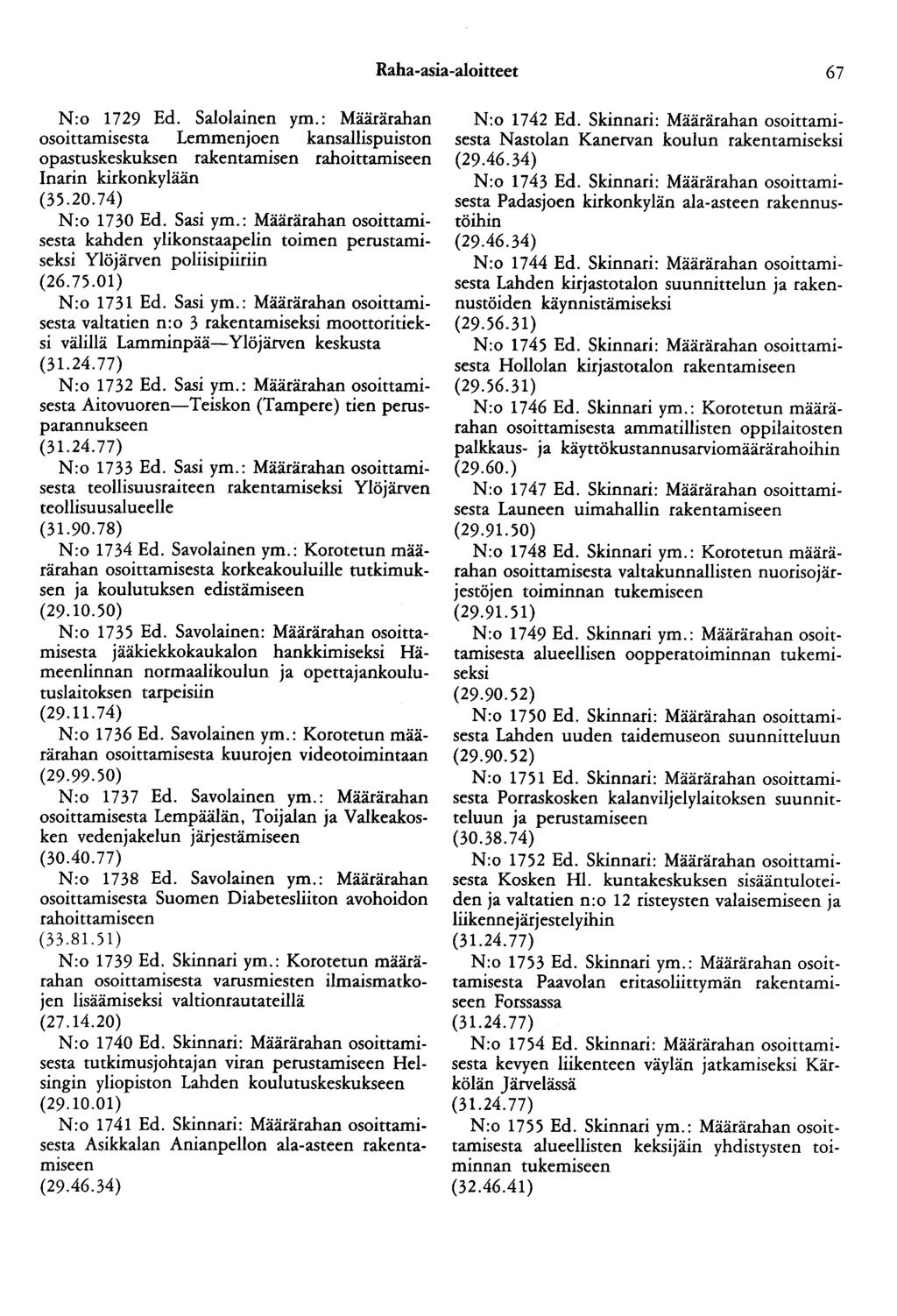 Raha-asia-aloitteet 67 N:o 1729 Ed. Salolainen ym.: Määrärahan osoittamisesta Lemmenjoen kansallispuiston opastuskeskuksen rakentamisen rahoittamiseen Inarin kirkonkylään (35.20.74) N:o 1730 Ed.
