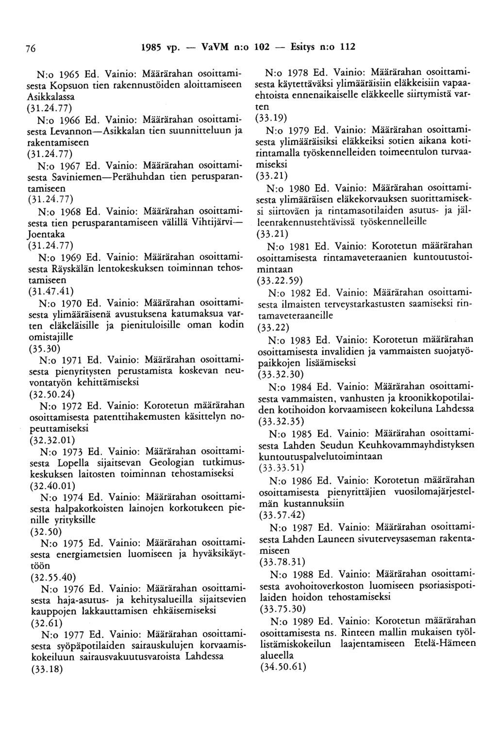 76 1985 vp. - VaVM n:o 102 - Esitys n:o 112 N:o 1965 Ed. Vainio: Määrärahan osoittamisesta Kopsuon tien rakennustöiden aloittamiseen Asikkalassa {31.24.77) N:o 1966 Ed.