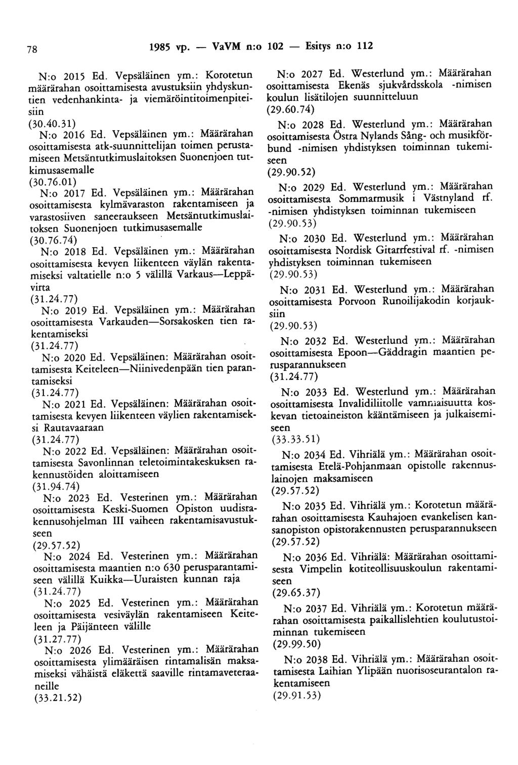 78 1985 vp. - VaVM n:o 102 - Esitys n:o 112 N:o 2015 Ed. Vepsäläinen ym.: Koeotetun määrärahan osoittamisesta avustuksiin yhdyskuntien vedenhankinta- ja viemäröintitoimenpiteisun (30.40.