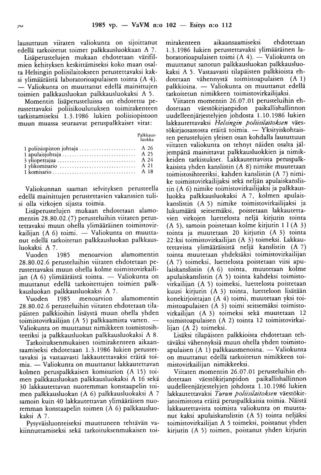 7V 1985 vp. - VaVM n:o 102 - Esitys n:o 112 lausuttuun viitaten valiokunta on sijoittanut edellä tarkoitetut toimet palkkausluokkaan A 7.