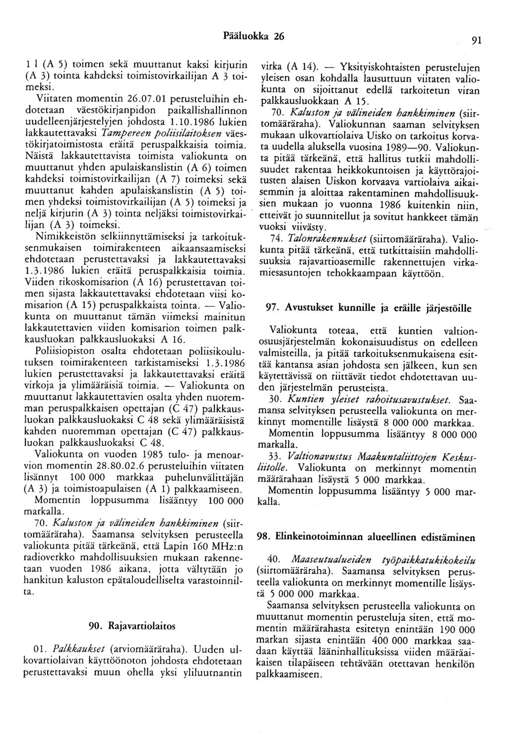 Pääluokka 26 91 1 l (A 5) toimen sekä muuttanut kaksi kirjurin (A 3) tointa kahdeksi toimistovirkailijan A 3 toimeksi. Viitaten momentin 26.07.