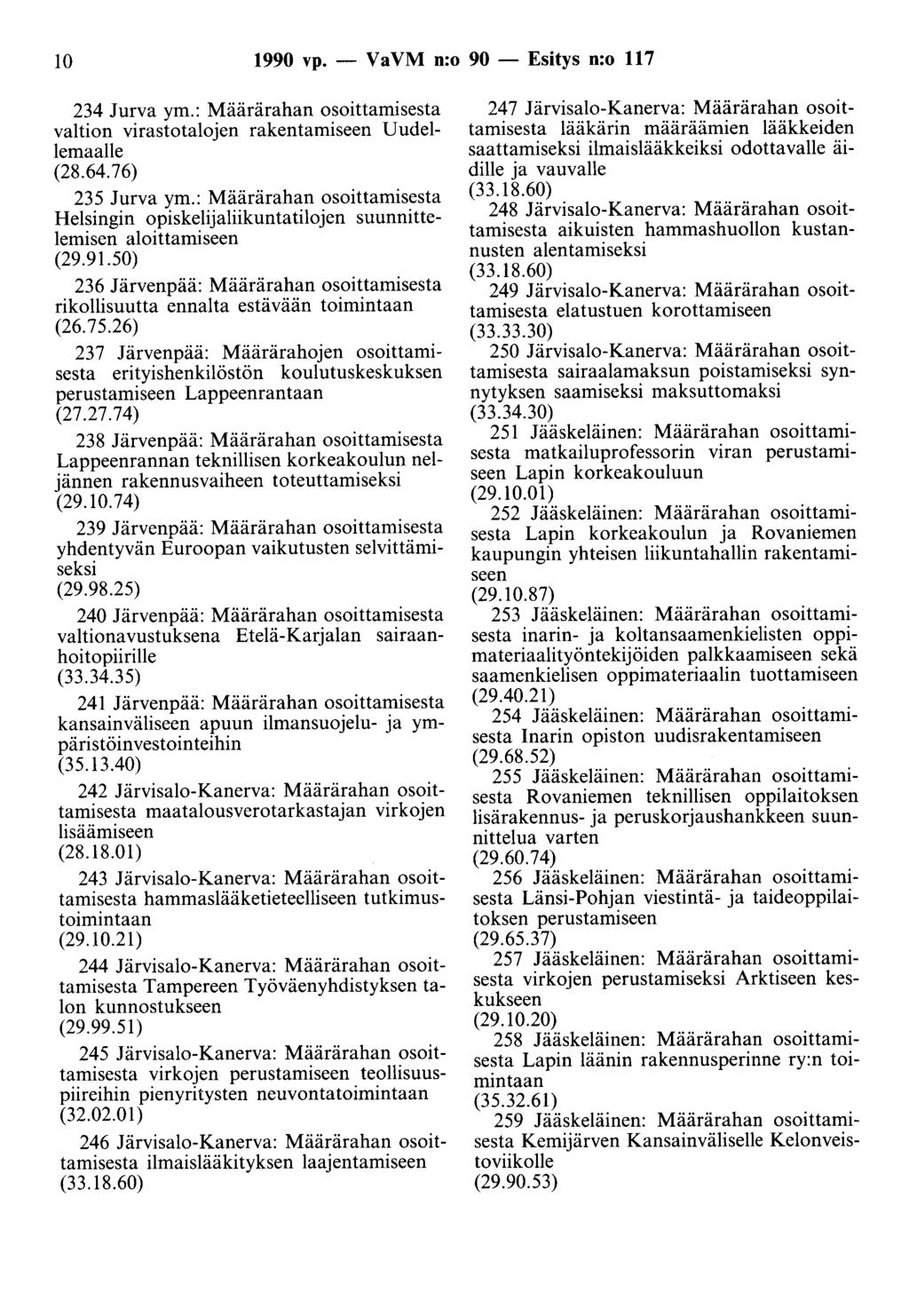 10 1990 vp. - Va VM n:o 90 - Esitys n:o 117 234 Jurva ym.: Määrärahan osoittamisesta valtion virastotalojen rakentamiseen Uudellemaalle (28.64.76) 235 Jurva ym.