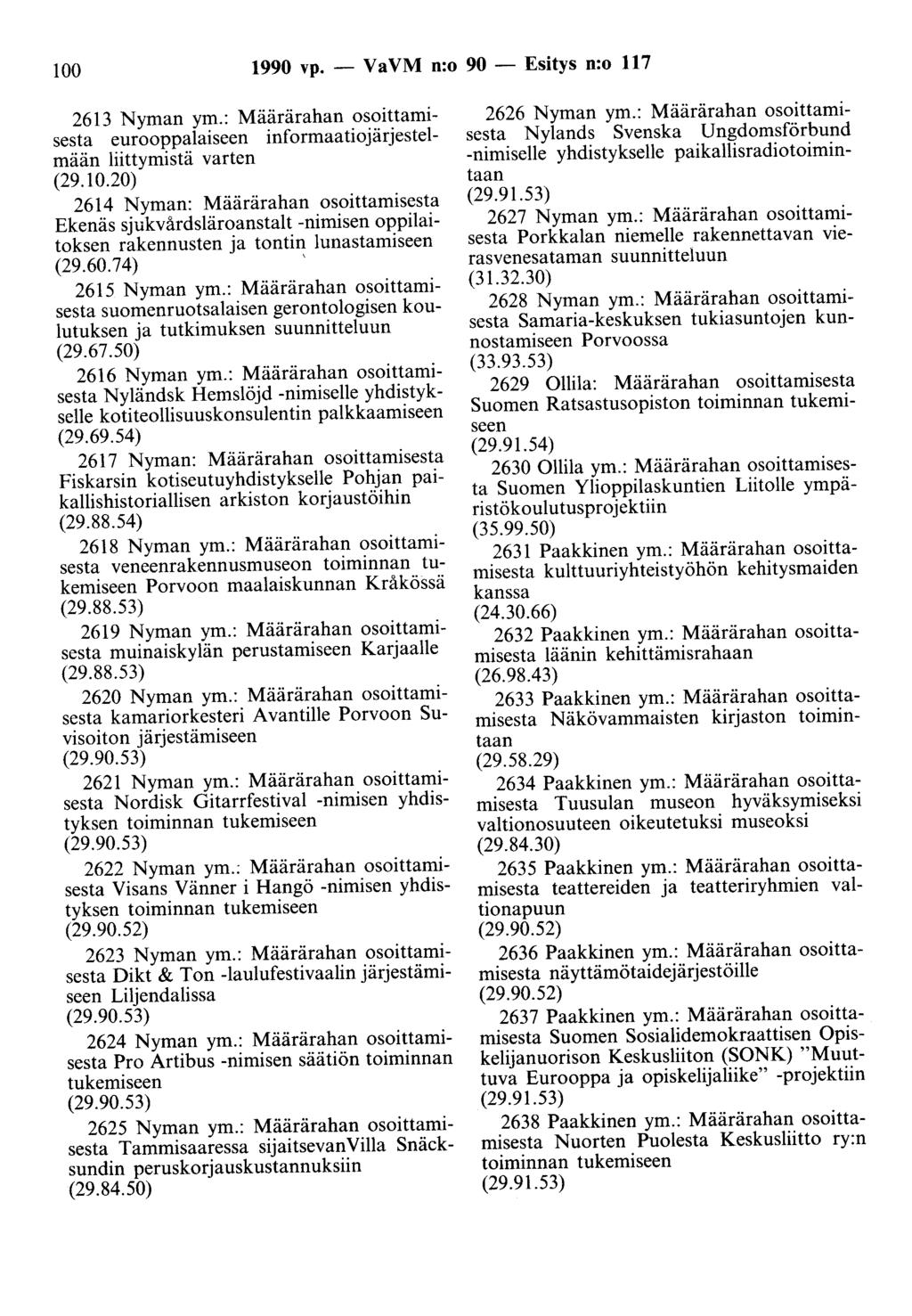 100 1990 vp. - VaVM n:o 90- Esitys n:o 117 2613 Nyman ym.: Määrärahan osoittamisesta eurooppalaiseen informaatiojärjestelmään liittymistä varten (29.10.20) 2614 Nyman: Määrärahan osoittamisesta Ekenäs sjukvårdsläroanstalt -nimisen oppilaitoksen rakennusten ja tontin lunastamiseen (29.