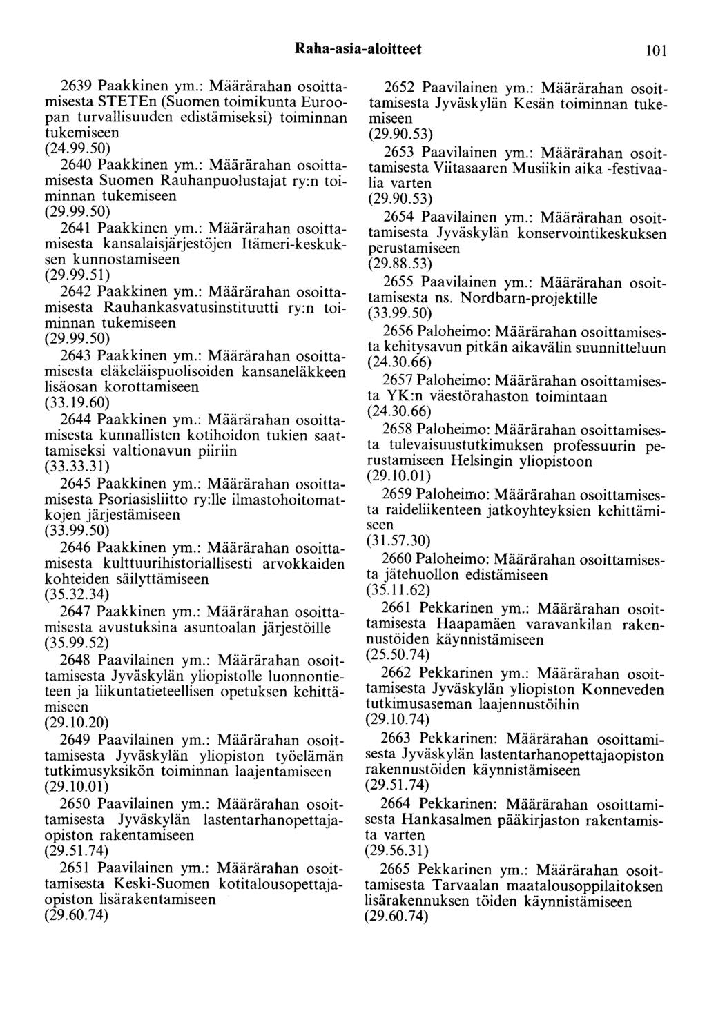 Raha-asia-aloitteet 101 2639 Paakkinen ym.: Määrärahan osoittamisesta STETEn (Suomen toimikunta Euroopan turvallisuuden edistämiseksi) toiminnan tukemiseen (24.99.50) 2640 Paakkinen ym.