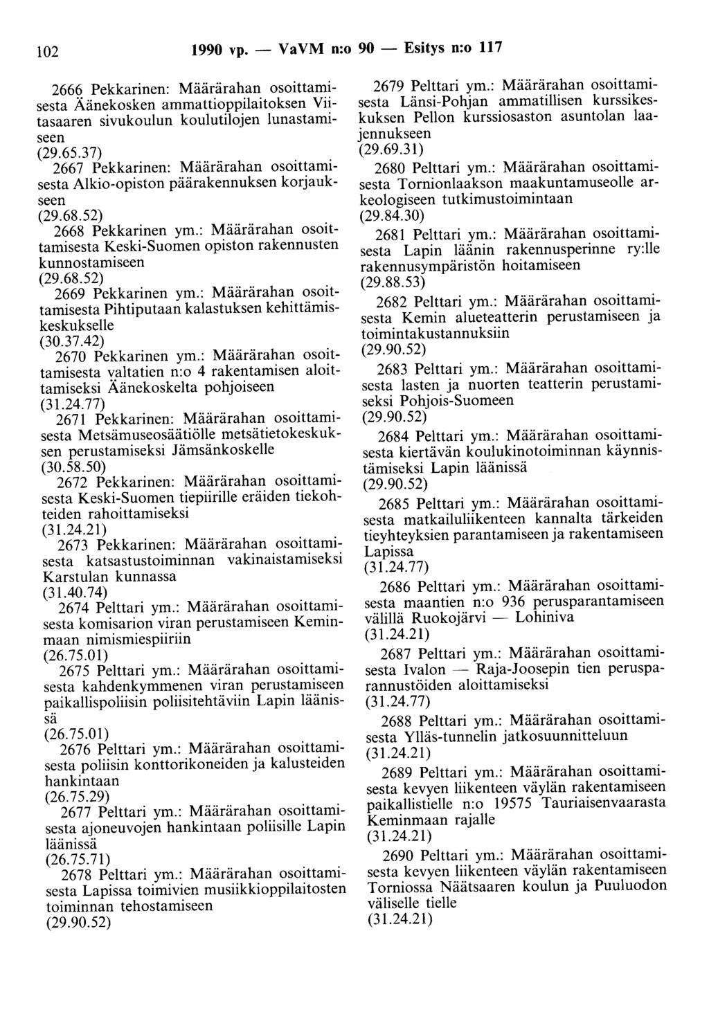 102 1990 vp. - Va VM n:o 90 - Esitys n:o 117 2666 Pekkarinen: Määrärahan osoittamisesta Äänekosken ammattioppilaitoksen Viitasaaren sivukoulun koulutilojen lunastamiseen (29.65.