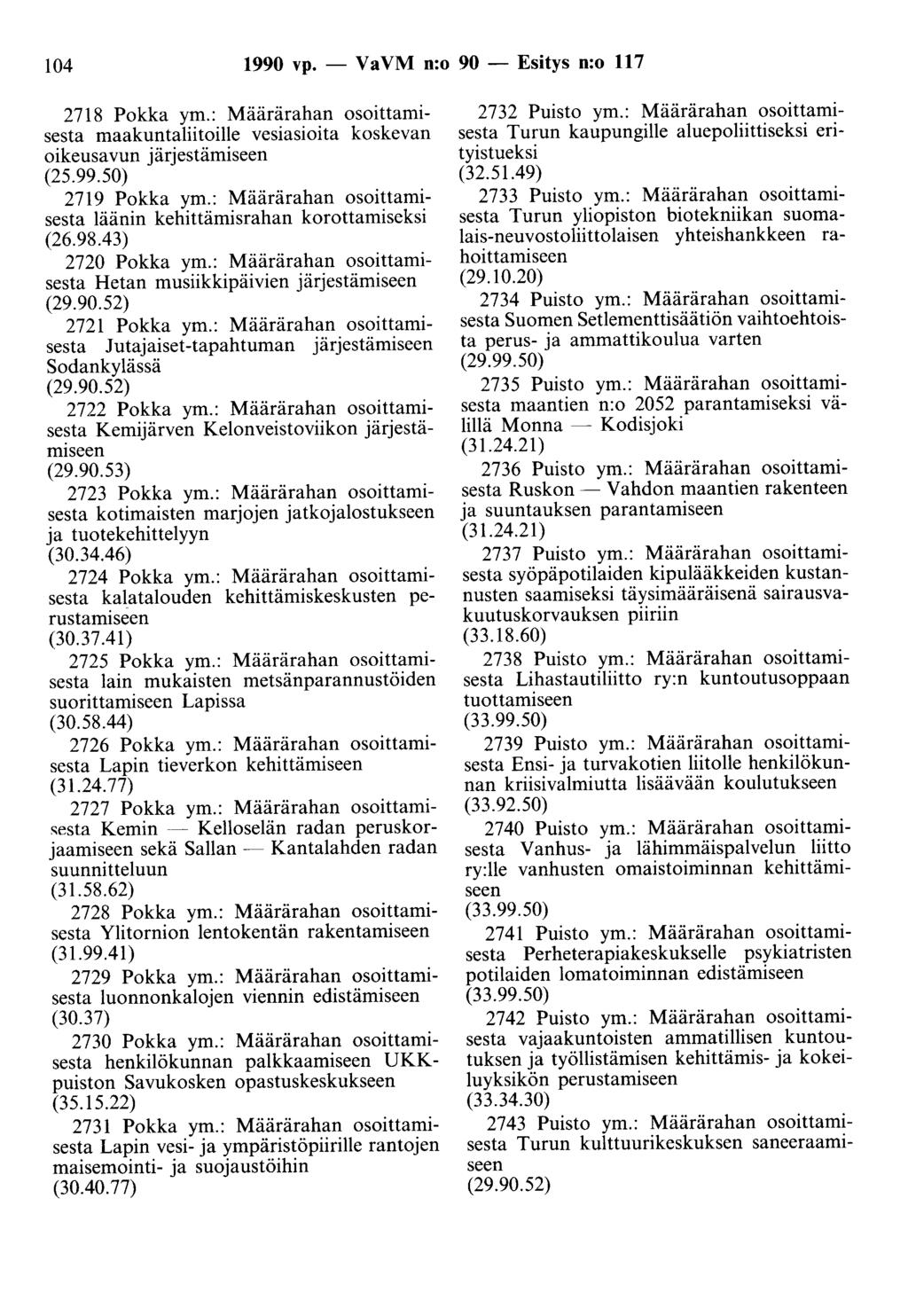 104 1990 vp. - Va VM n:o 90 - Esitys n:o 117 2718 Pokka ym.: Määrärahan osoittamisesta maakuntaliitoille vesiasioita koskevan oikeusavun järjestämiseen (25.99.50) 2719 Pokka ym.
