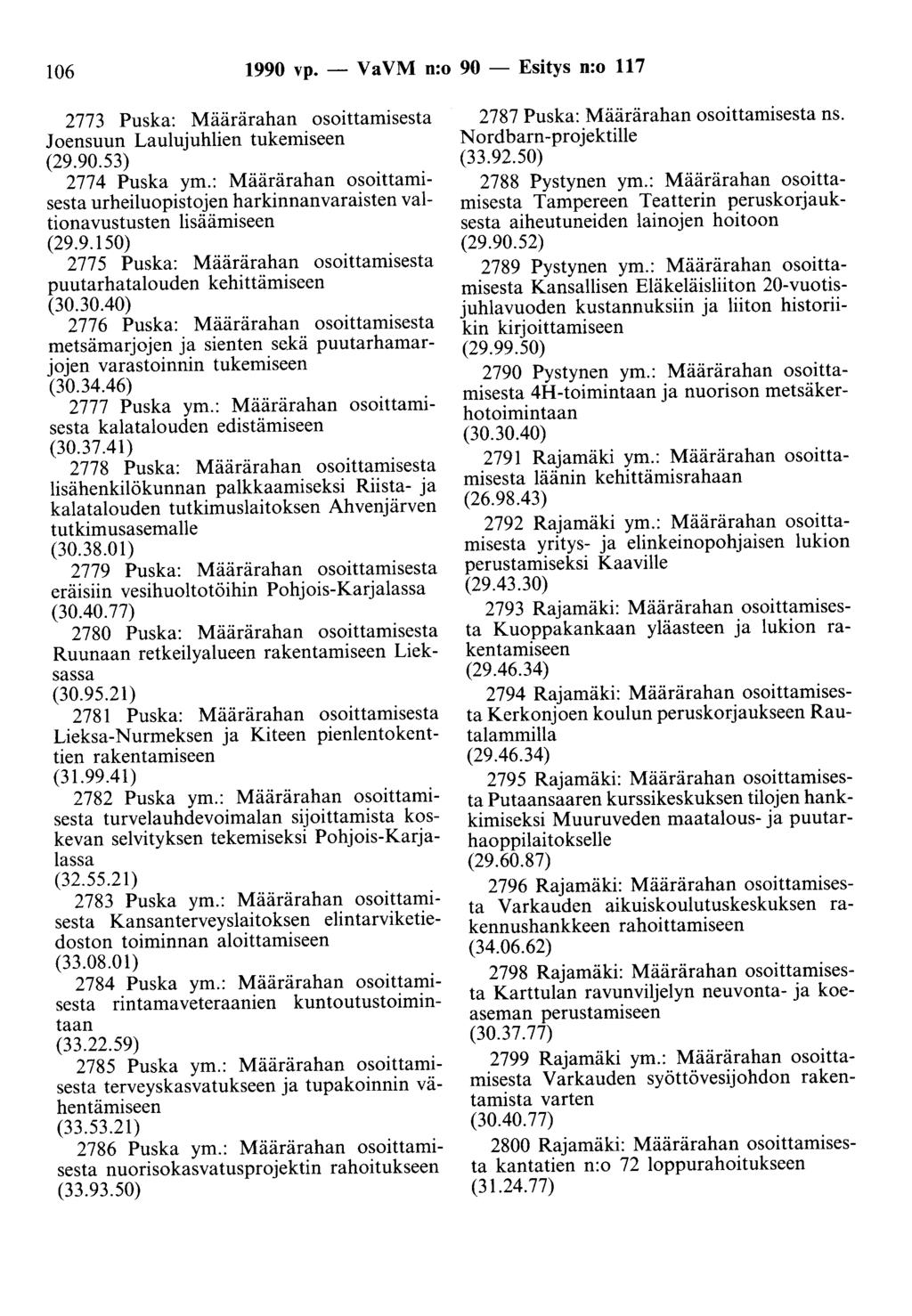 106 1990 vp. - Va VM n:o 90 - Esitys n:o 117 2773 Puska: Määrärahan osoittamisesta Joensuun Laulujuhlien tukemiseen 2774 Puska ym.