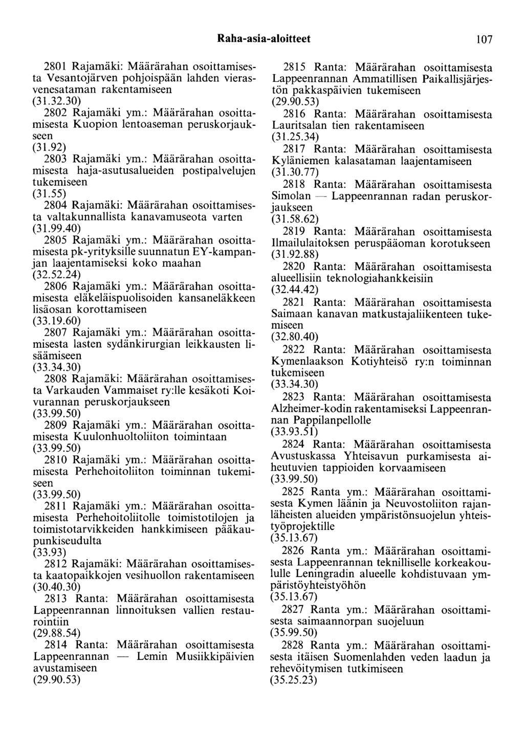 Raha-asia-aloitteet 107 2801 Rajamäki: Määrärahan osoittamisesta Vesantojärven pohjoispään lahden vierasvenesataman rakentamiseen (31.32.30) 2802 Rajamäki ym.