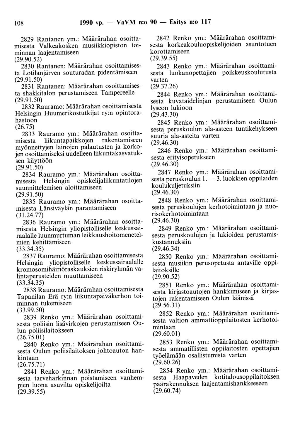 108 1990 vp. - Va VM n:o 90 - Esitys n:o 117 2829 Rantanen ym.: Määrärahan osoittamisesta Valkeakosken musiikkiopiston toiminnan laajentamiseen (29.90.52) 2830 Rantanen: Määrärahan osoittamisesta Lotilanjärven souturadan pidentämiseen (29.