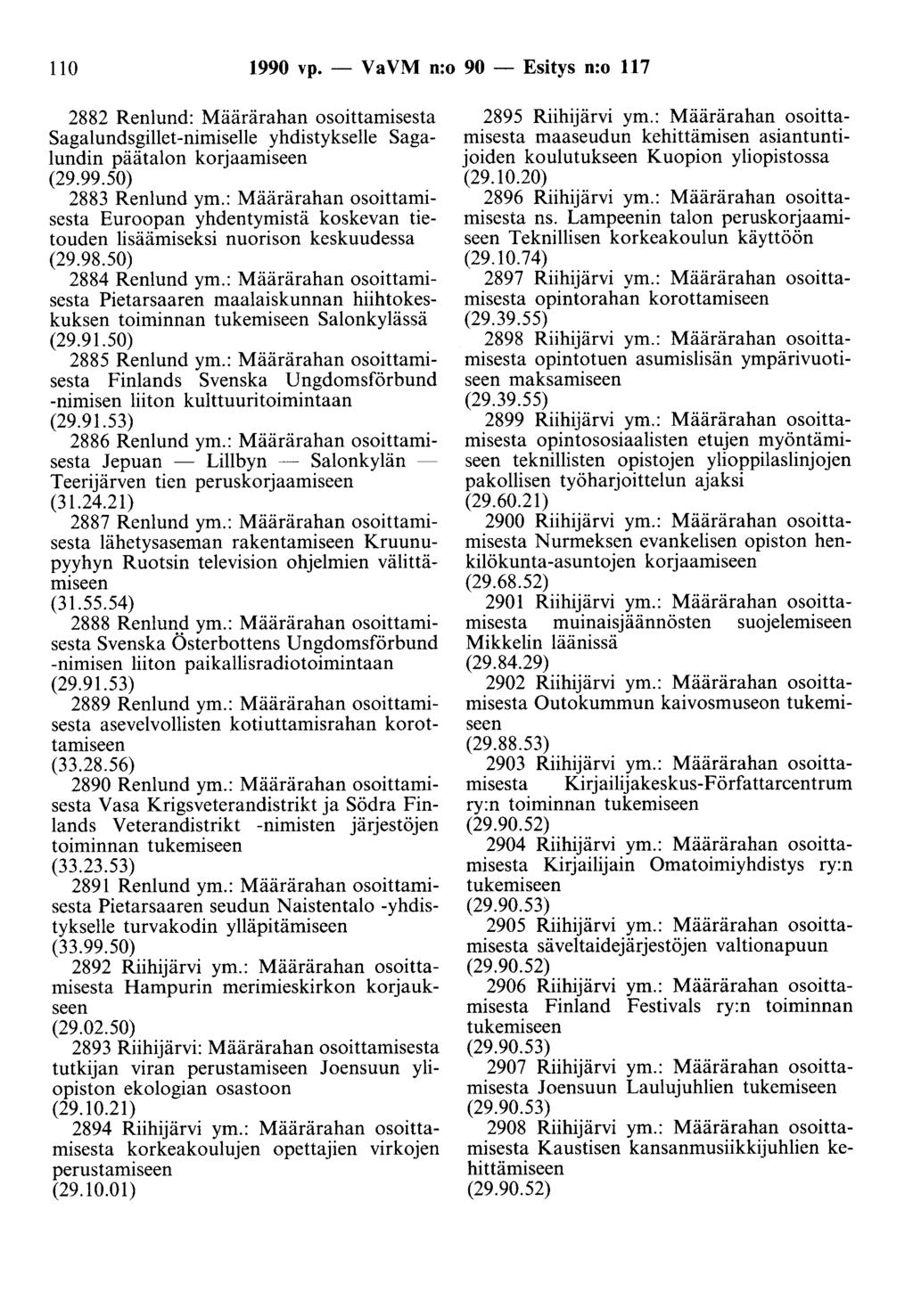 110 1990 vp. - Va VM n:o 90 - Esitys n:o 117 2882 Renlund: Määrärahan osoittamisesta Sagalundsgillet-nimiselle yhdistykselle Sagalundin päätalan korjaamiseen (29.99.50) 2883 Renlund ym.