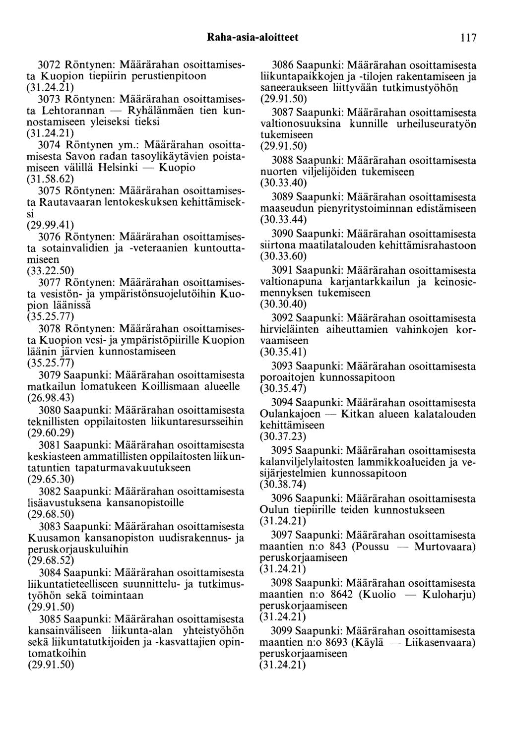 Raha-asia-aloitteet 117 3072 Röntynen: Määrärahan osoittamisesta Kuopion tiepiirin perustienpitoon 3073 Röntynen: Määrärahan osoittamisesta Lehtorannan - Ryhälänmäen tien kunnostamiseen yleiseksi