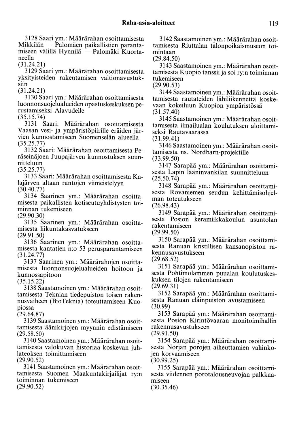 Raha-asia-aloitteet 119 3128 Saari ym.: Määrärahan osoittamisesta Mikkilän~ Palomäen paikallistien parantamiseen välillä Hynnilä ~ Palomäki Kuortaneelia 3129 Saari ym.