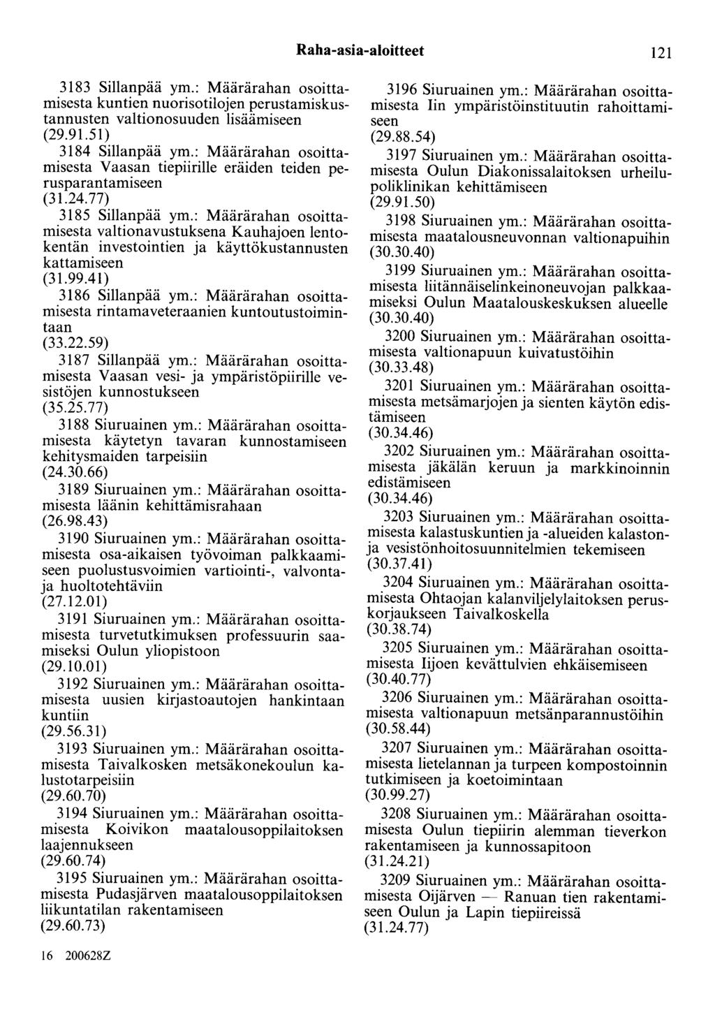 Raha-asia-aloitteet 121 3183 Sillanpää ym.: Määrärahan osoittamisesta kuntien nuorisotilojen perustamiskustannusten valtionosuuden lisäämiseen (29.91.51) 3184 Sillanpää ym.