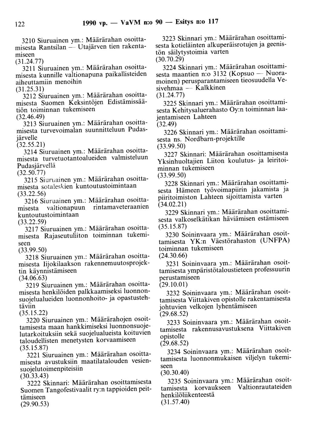 122 1990 vp. - Va VM n:o 90 - Esitys n:o 117 3210 Siuruainen ym.: Määrärahan osoittamisesta Rantsi1an- Utajärven tien rakentamiseen 3211 Siuruainen ym.