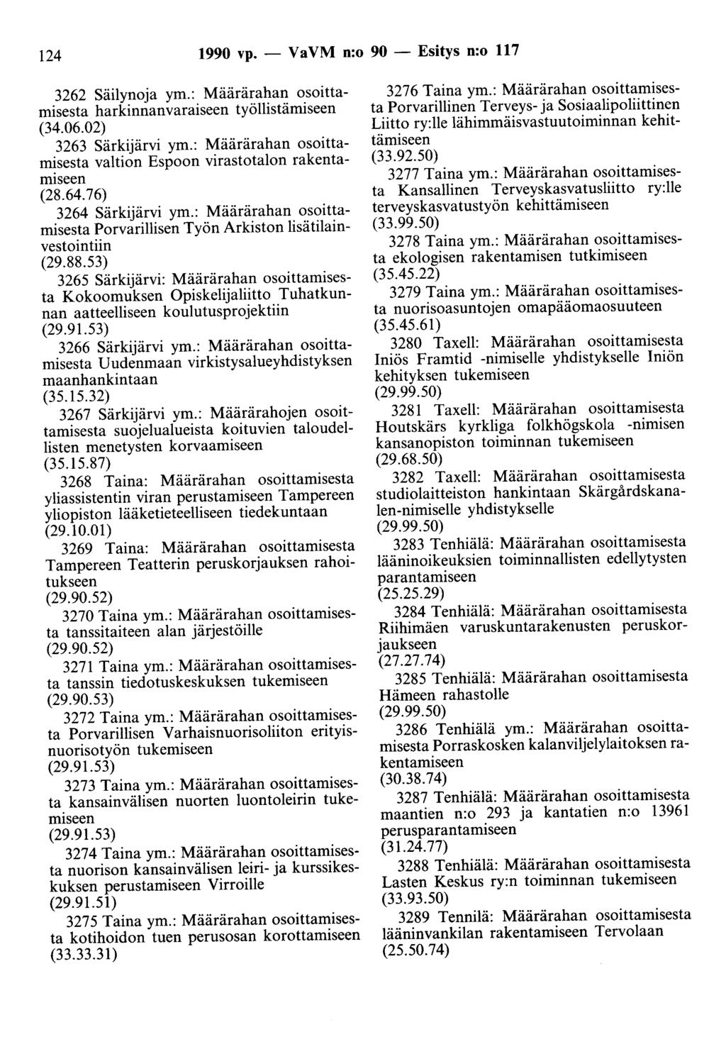 124 1990 vp.- VaVM n:o 90- Esitys n:o 117 3262 Säilynoja ym.: Määrärahan osoittamisesta harkinnanvaraiseen työllistämiseen (34.06.02) 3263 Särkijärvi ym.
