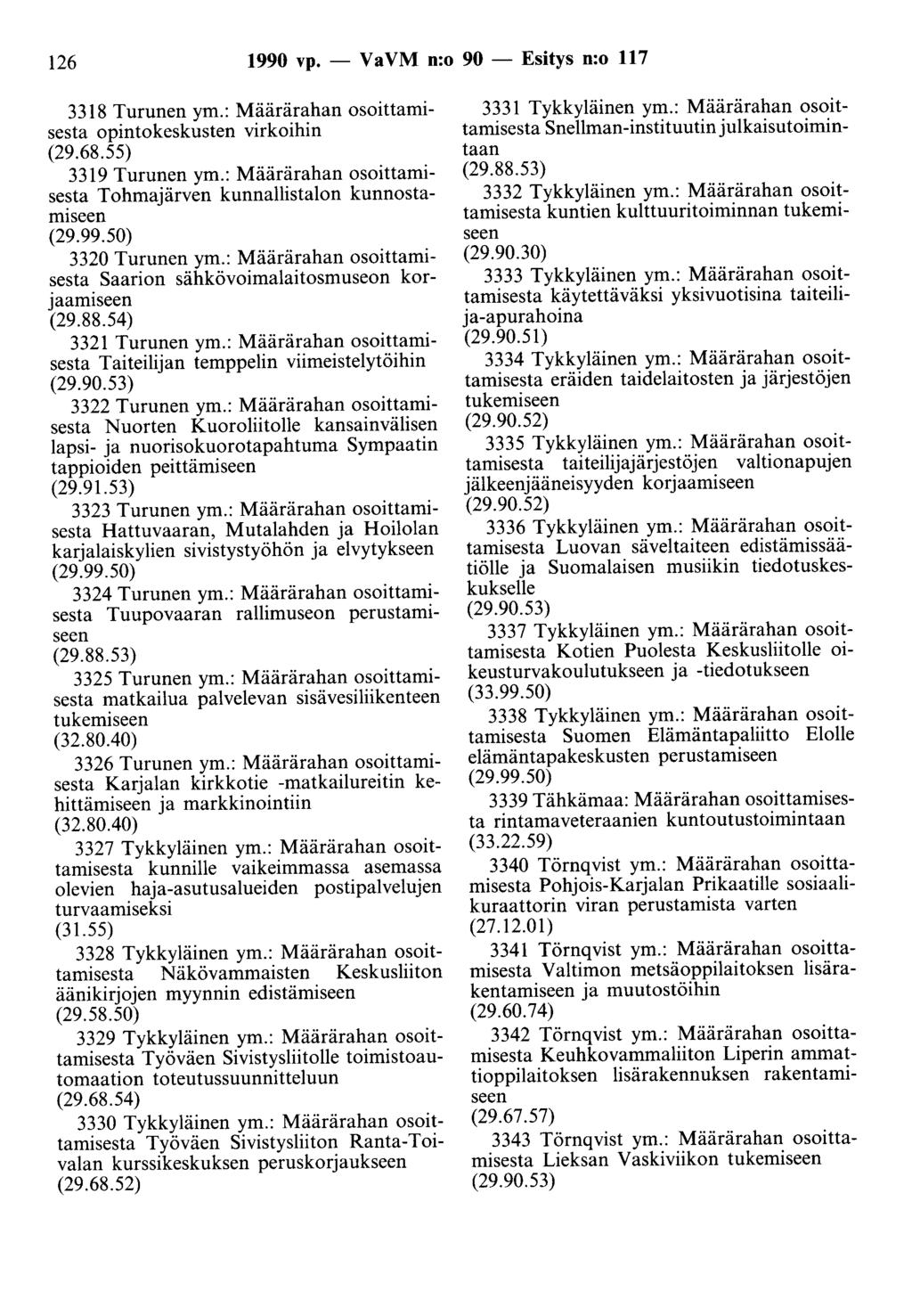 126 1990 vp. - Va VM n:o 90 - Esitys n:o 117 3318 Turunen ym.: Määrärahan osoittamisesta opintokeskusten virkoihin (29.68.55) 3319 Turunen ym.