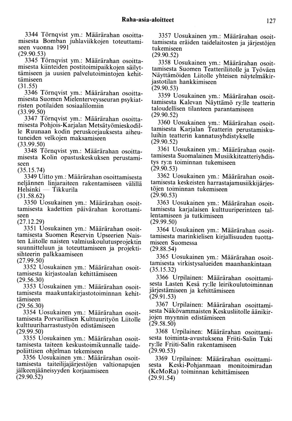 Raha-asia-aloitteet 127 3344 Törnqvist ym.: Määrärahan osoittamisesta Bomban juhlaviikkojen toteuttamiseen vuonna 1991 3345 Törnqvist ym.