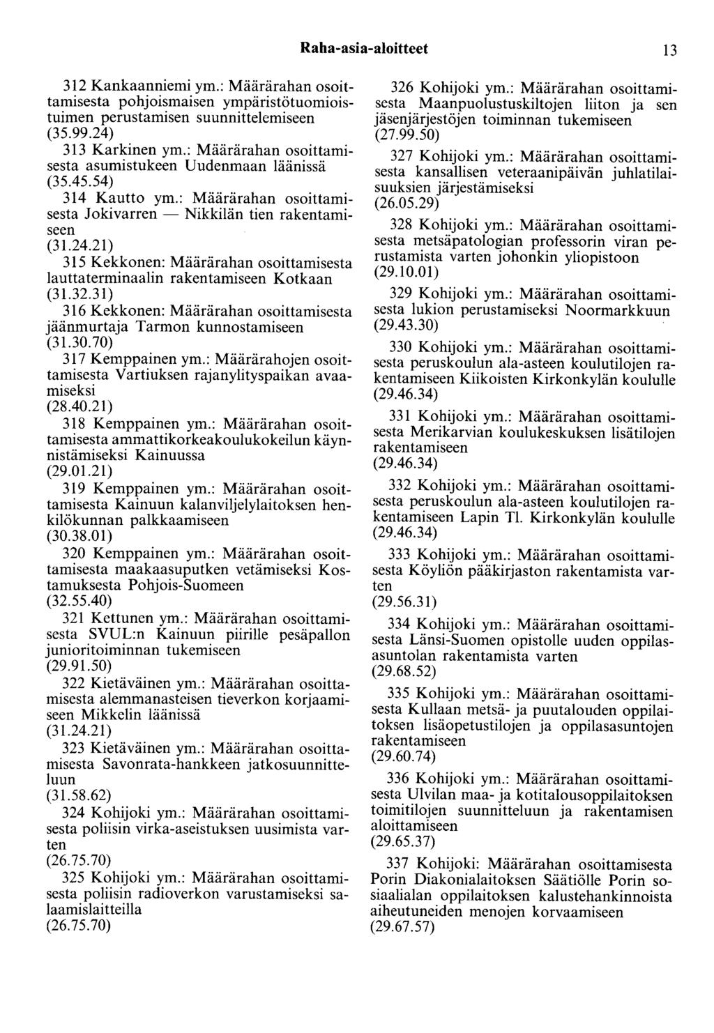 Raha-asia-aloitteet 13 312 Kankaanniemi ym.: Määrärahan osoittamisesta pohjoismaisen ympäristötuomioistuimen perustamisen suunnittelemiseen (35.99.24) 313 Karkinen ym.