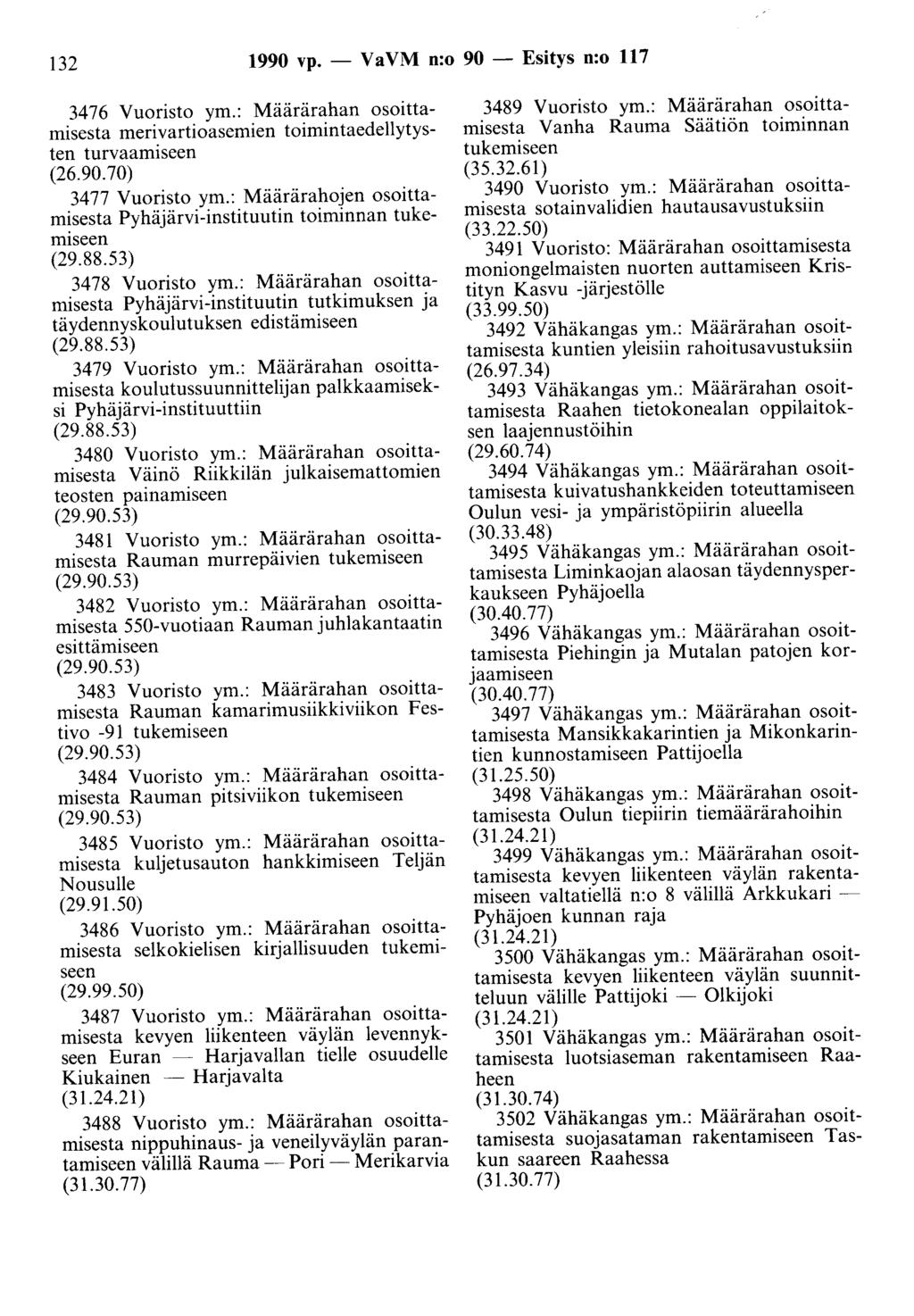 132 1990 vp. - V a VM n:o 90 - Esitys n:o 117 3476 Vuoristo ym.: Määrärahan osoittamisesta merivartioasemien toimintaedellytysten turvaamiseen (26.90.70) 3477 Vuoristo ym.