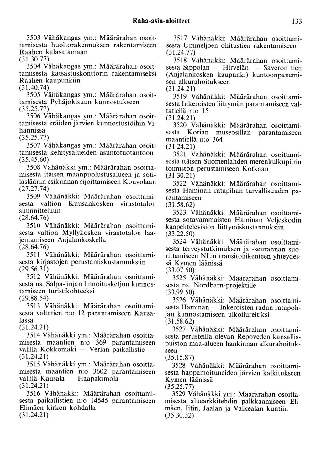 Raha-asia-aloitteet 133 3503 Vähäkangas ym.: Määrärahan osoittamisesta huoltorakennuksen rakentamiseen Raahen kalasatamaan (31.30.77) 3504 Vähäkangas ym.