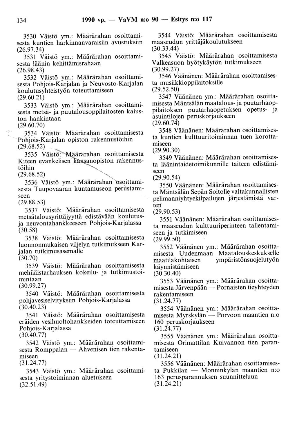 134 1990 vp. - Va VM n:o 90 - Esitys n:o 117 3530 Väistö ym.: Määrärahan osoittamisesta kuntien harkinnanvaraisiin avustuksiin (26.97.34) 3531 Väistö ym.