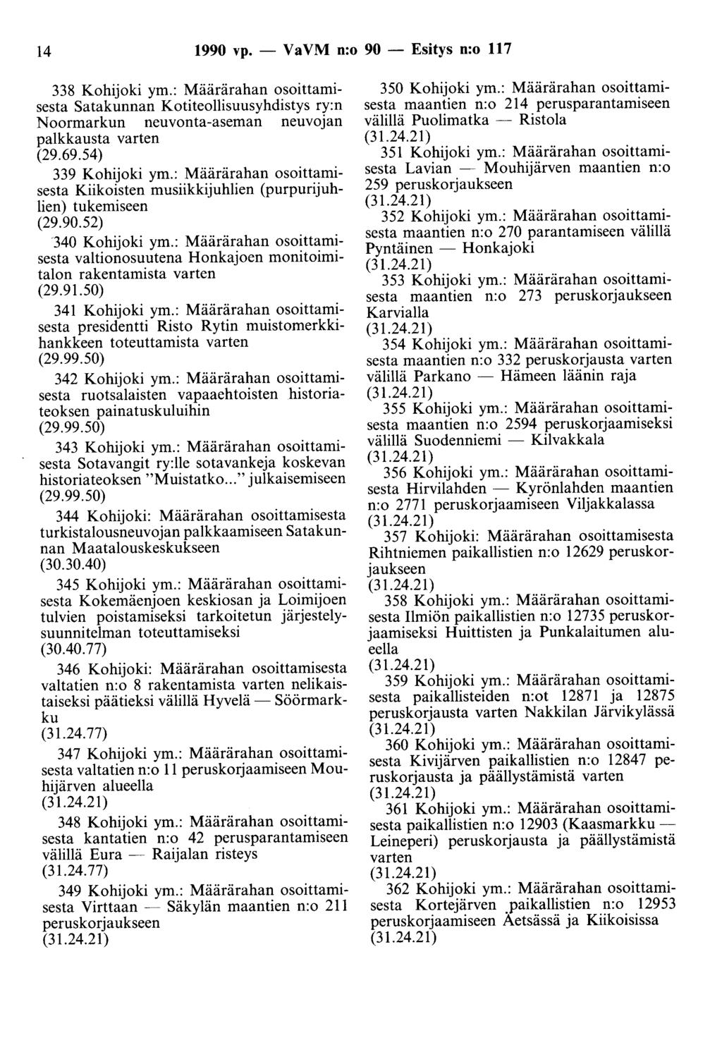 14 1990 vp. - Va VM n:o 90 - Esitys n:o 117 338 Kohijoki ym.: Määrärahan osoittamisesta Satakunnan Kotiteollisuusyhdistys ry:n Noormarkun neuvonta-aseman neuvojan palkkausta varten (29.69.