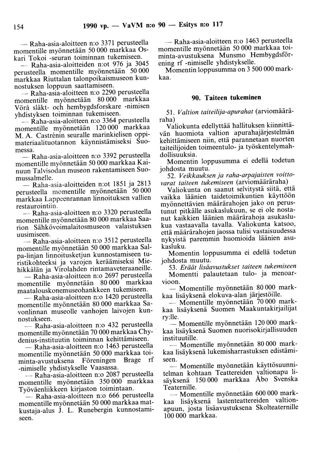 154 1990 vp. - V a VM n:o 90 - Esitys n:o 117 -Raha-asia-aloitteen n:o 3371 perusteella momentille myönnetään 50 000 markkaa Oskari Tokoi -seuran toiminnan tukemiseen.