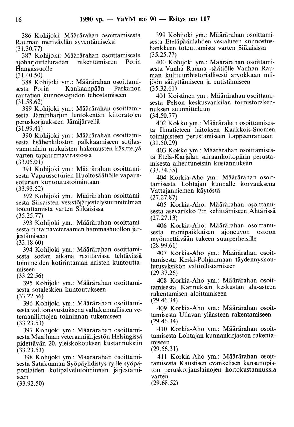 16 1990 vp. - Va VM n:o 90 - Esitys n:o 117 386 Kohijoki: Määrärahan osoittamisesta Rauman meriväylän syventämiseksi (31.30.