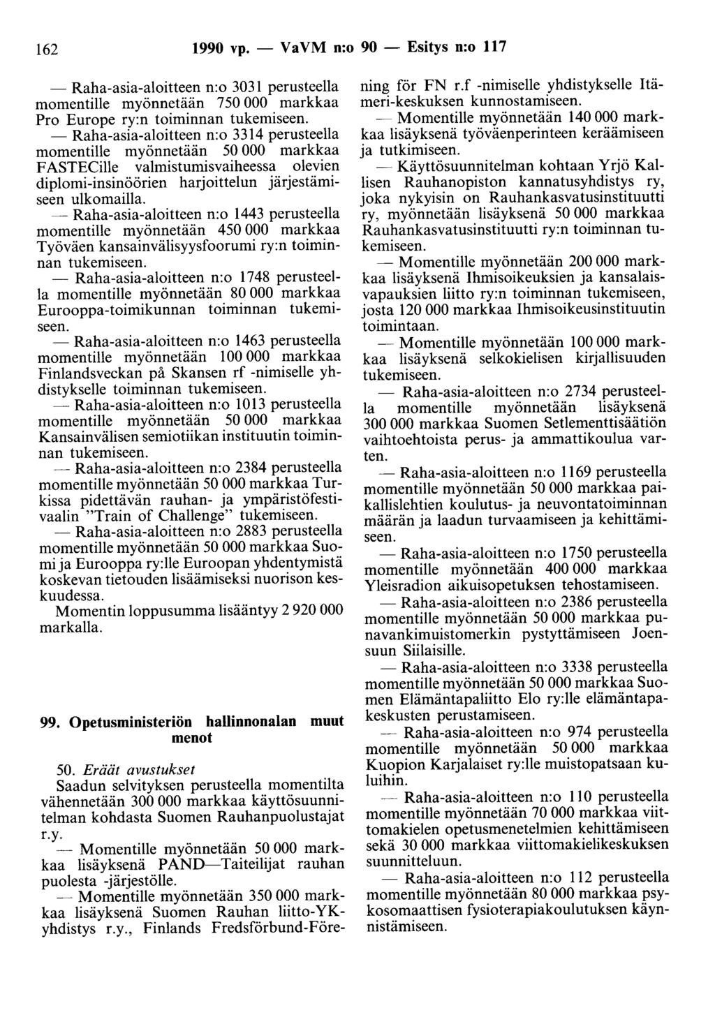 162 1990 vp. - Va VM n:o 90 - Esitys n:o 117 - Raha-asia-aloitteen n:o 3031 perusteella momentille myönnetään 750 000 markkaa Pro Europe ry:n toiminnan tukemiseen.