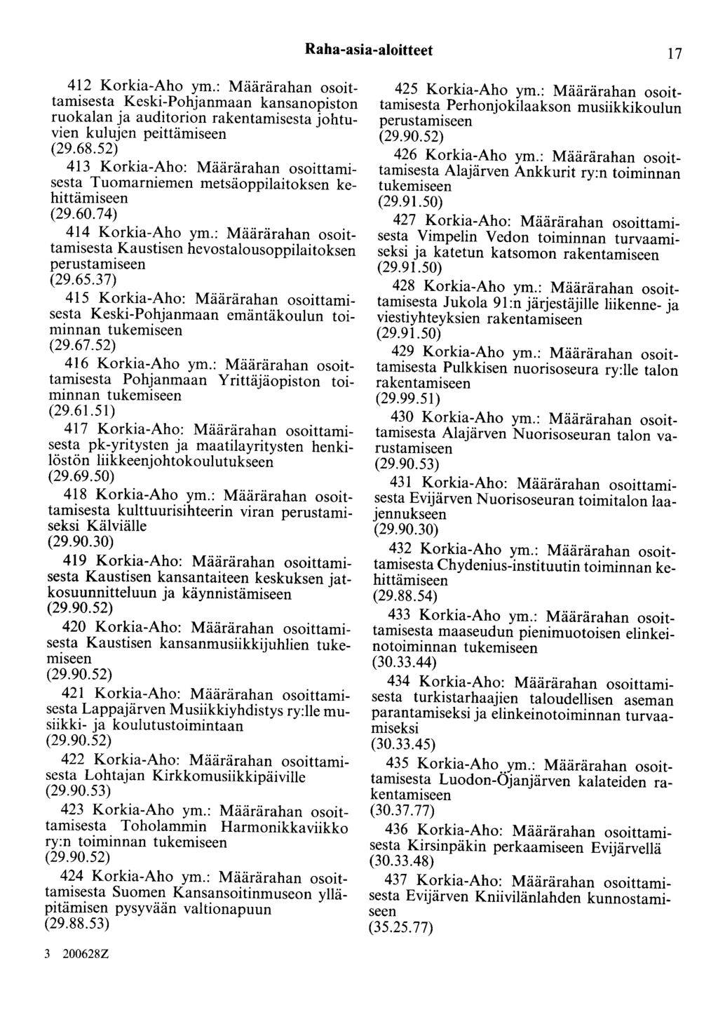 Raha-asia-aloitteet 17 412 Korkia-Aho ym.: Määrärahan osoittamisesta Keski-Pohjanmaan kansanopiston ruokalan ja auditorion rakentamisesta johtuvien kulujen peittämiseen (29.68.