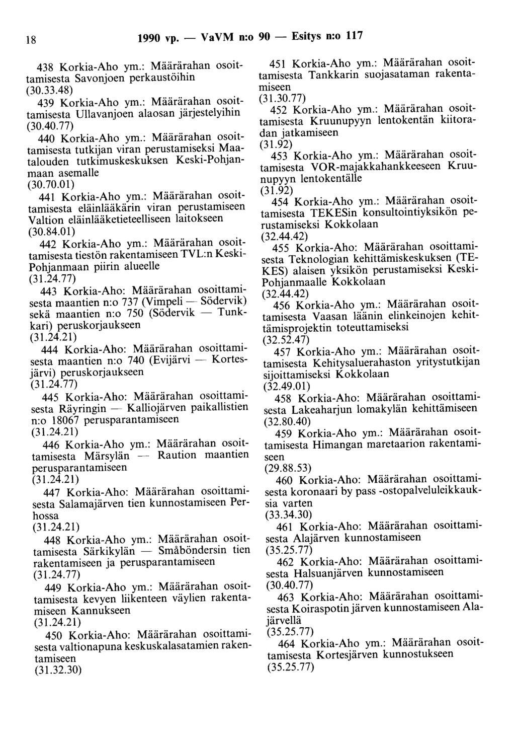 18 1990 vp. - VaVM n:o 90 - Esitys n:o 117 438 Korkia-Aho ym.: Määrärahan osoittamisesta Savonjoen perkaustöihin (30.33.48) 439 Korkia-Aho ym.