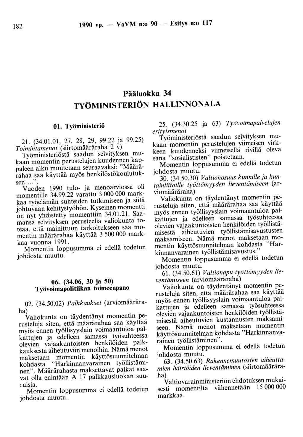 182 1990 vp. - Va VM n:o 90 - Esitys n:o 117 Pääluokka 34 TYÖMINISTERIÖN HALLINNONALA 01. Työministeriö 21. (34.01.01, 27, 28, 29, 99.22 ja 99.