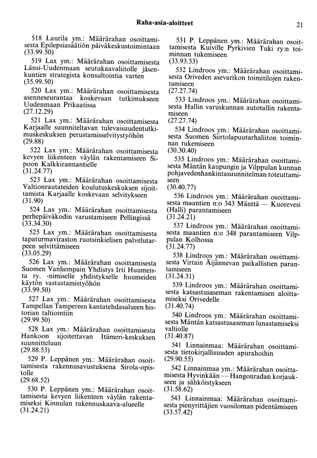 Raha-asia-aloitteet 21 518 Laurila ym.: Määrärahan osoittamisesta Epilepsiasäätiön päiväkeskustoimintaan (33.99.50) 519 Lax ym.